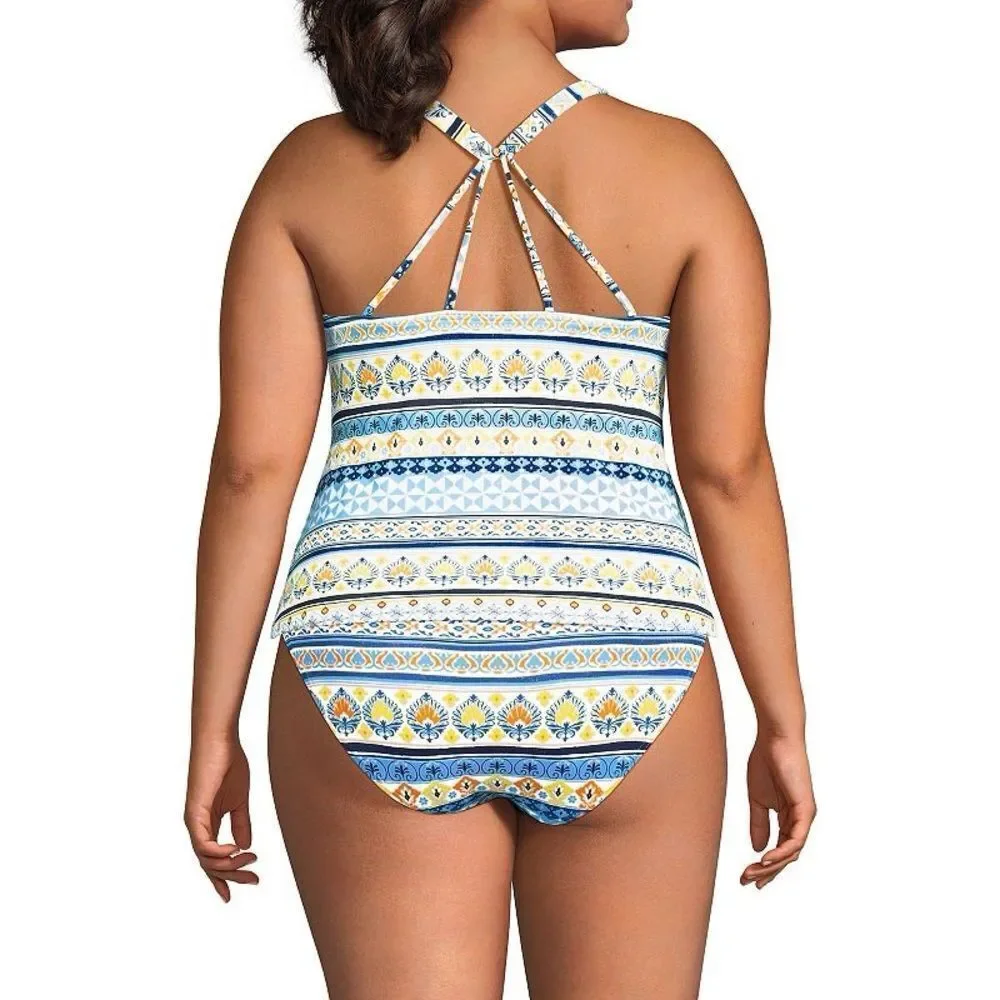 Land's End Plus Tankini Top High Neck Strappy Back White Mosiac Stripe Various